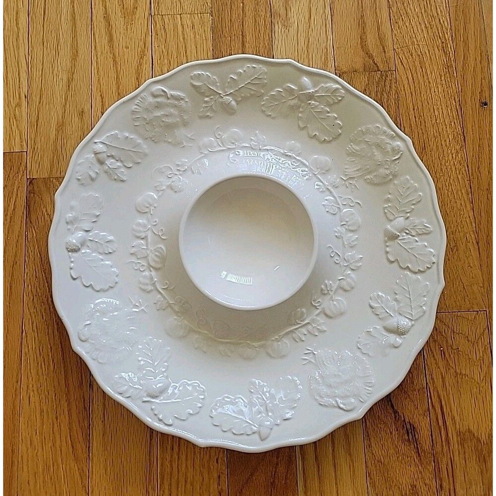 Vtg Retired Bordallo Pinheiro Portugal Turkey Fall Chip Dip WHITE Large Platter